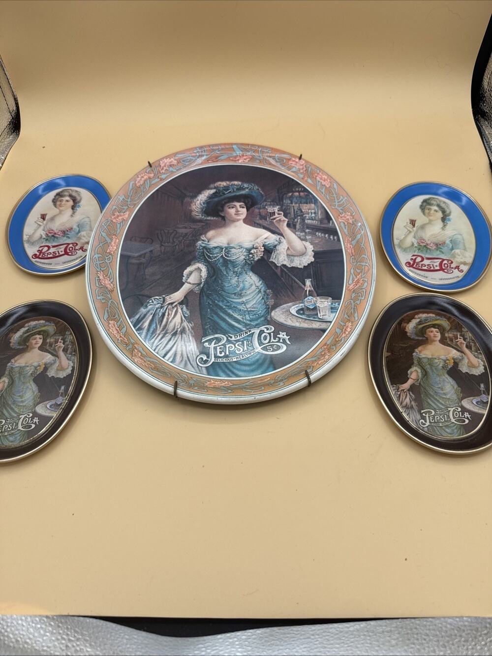 Vintage Style Pepsi-Cola Advertising Tray Set - 1 Large Round Tray 4 Small oval